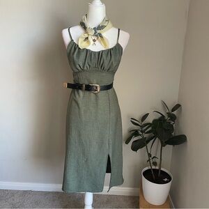 Sage Green ruched linen-style midi dress with a slit